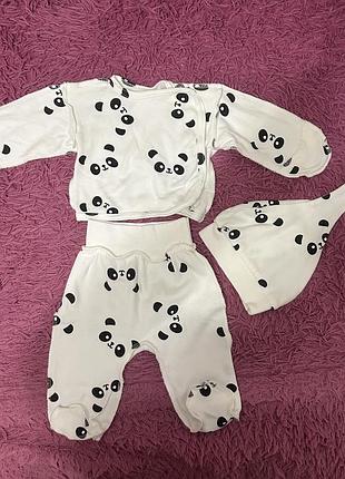 Комплект для немовлят з принтом панда (льоля, повзунки, шапочка) 🐼🤍😍