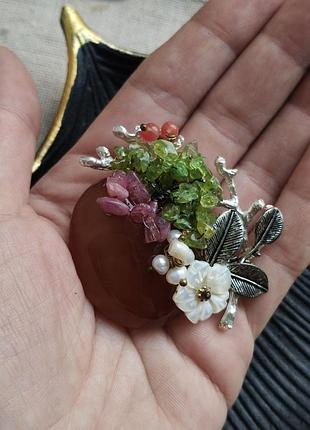 2в1 авторская брошь - кулон floral style, кабон сердолик, натуральные камни, резьбовый перламутр, ручная работа