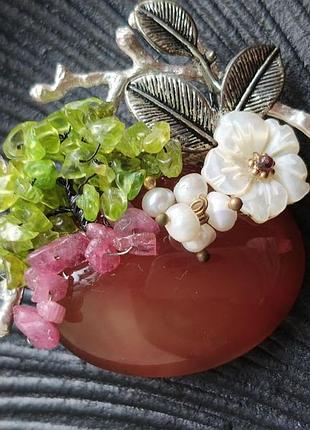 2в1 авторская брошь - кулон floral style, кабон сердолик, натуральные камни, резьбовый перламутр, ручная работа 3