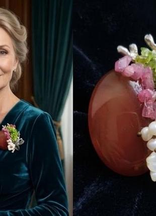 2в1 авторская брошь - кулон floral style, кабон сердолик, натуральные камни, резьбовый перламутр, ручная работа 6