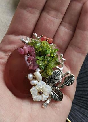 2в1 авторская брошь - кулон floral style, кабон сердолик, натуральные камни, резьбовый перламутр, ручная работа 10