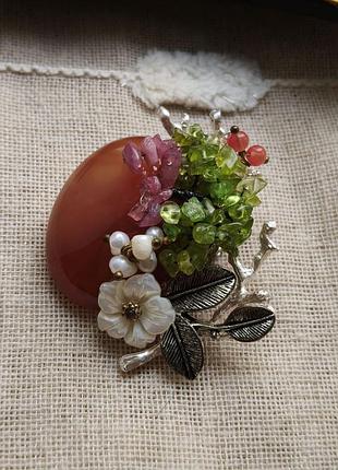 2в1 авторская брошь - кулон floral style, кабон сердолик, натуральные камни, резьбовый перламутр, ручная работа 5