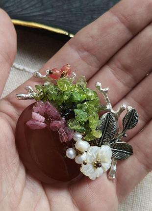 2в1 авторская брошь - кулон floral style, кабон сердолик, натуральные камни, резьбовый перламутр, ручная работа 7