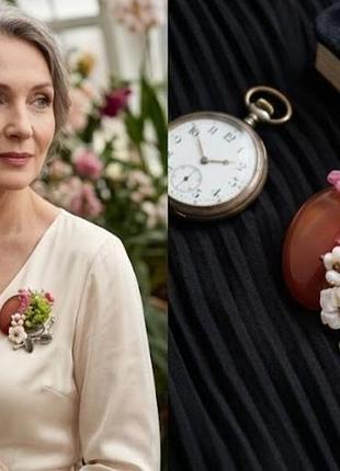 2в1 авторская брошь - кулон floral style, кабон сердолик, натуральные камни, резьбовый перламутр, ручная работа 2