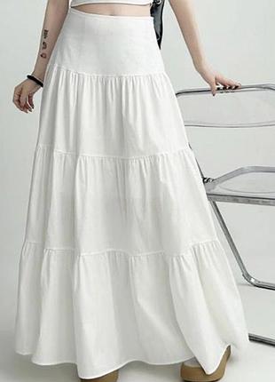 Look 34 льон котон неймовірна шикарна довга в підлогу спідниця лляна молочно біла ярусна натуральна