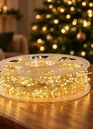 Гірлянда роса 100 м на котушці, 2000 led, білий дріт, 220 в, пульт тепле біле світло