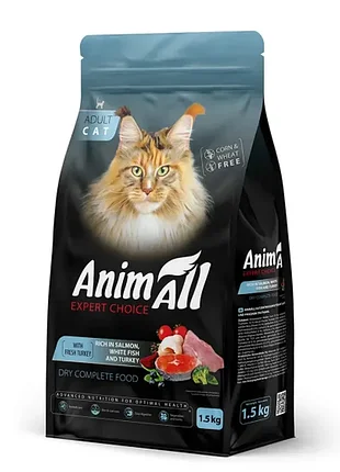 Сухий корм для котів animall expert choice з лососем, білою рибою та індичкою, 1.5 кг