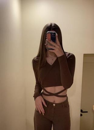 Кроп-топ жіночий h&m коричневий в рубчик із зав'язками