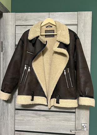 Жіноча коричнева дублянка-авіатор із штучної шкіри zara розмір м куртка шуба