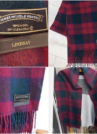 Шерстяной шарф james pringle tartan lindsay tartan, 100% чистая новая шерсть,клетка бордово-синий(31 см на 190 см)