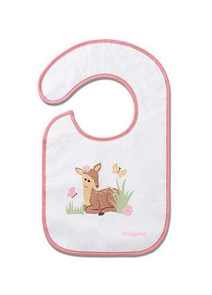 Нагрудник махровий "спробую нове"оленятко рожевий (6м+) (23 см x 37 см) /"babyono"