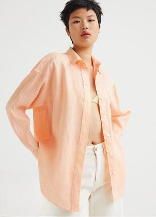 H&m жіноча лляна льон linen оверсайз сорочка рубашка блуза блузка в пудровому кольорі від h&m, р.l