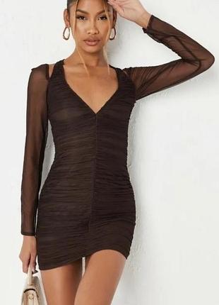 Коротка сукня missguided коричнева обтисла з сітки