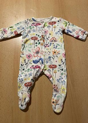 Хлопковый человечек / слип next baby р. 50-56 (0-1 мес) с цветами и грибочками