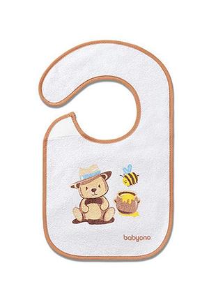 Нагрудник махровий "спробую нове" ведмедик бежевий (6м+) (23 см x 37 см) /"babyono"