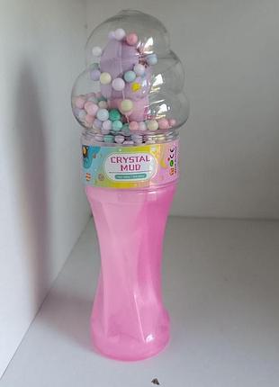 Слайм crystal mud в бутылке с шариками и игрушкой сквишвнутри, розовый лизун антистресс для девочек.