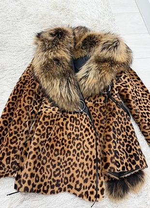 Натуральна хутряна куртка принт леопард 🐆 хутро єнота натуральне
