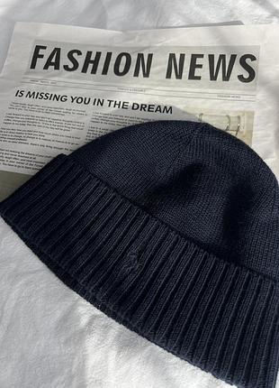 Чоловіча шапка біні polo ralph lauren синя  в рубчик з відворотом