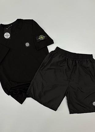 Черный комплект stone island футболка + шорты s-xxl летний