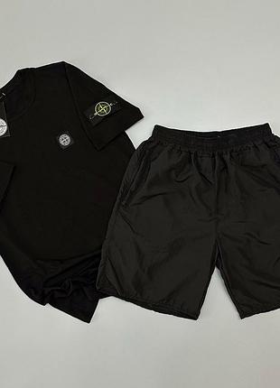 Летний черный сет stone island шорты и футболка s-xxl