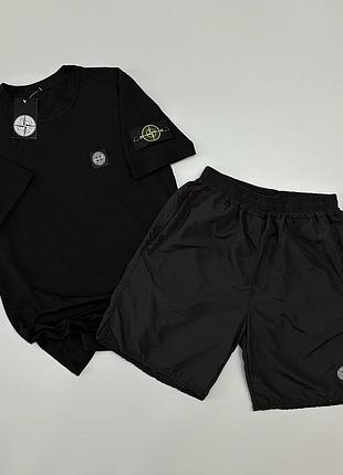 Черный костюм stone island футболка и шорты s-xxl лето