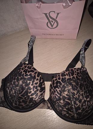 Бюстгальтер victoria's secret оригінал, push-up, 36b леопардовий з мереживом та стразами