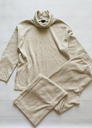 Костюм жіночий трикотажний штани широкі кофта гольф amisu new yorker 36 s в рубчик бежевий