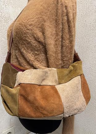 Вінтажна замшева сумка-багет/ хобо  у стилі пэчворк / y2k boho hobo bag, у осінніх тонах