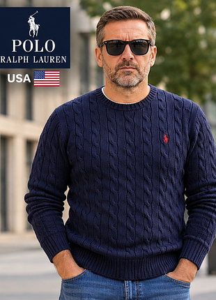 Мужской свитер polo ralph lauren cable knit xl / 52 - темно-синий, вязкая косами, красный pony, классический премиум стиль
