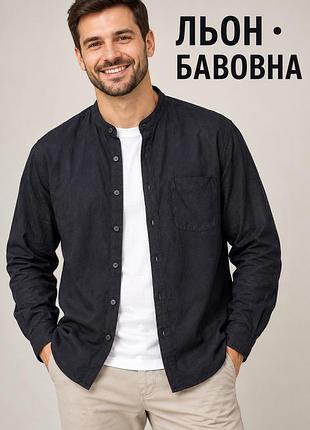 Чоловіча сорочка uniqlo темно-синя xl льон/бавовна
