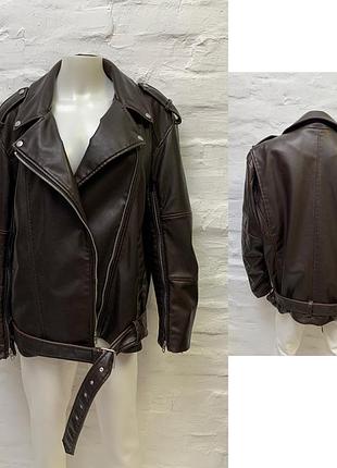 Коричневая куртка косуха zara, трендовая байкерская куртка, оверсайз m