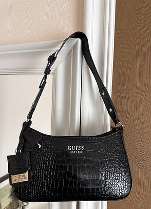Сумка багет жіноча guess чорна з тисненням під крокодила