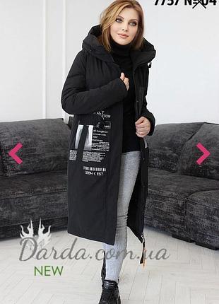 Пальто жіноче darda зимове довге чорне з капюшоном та написом