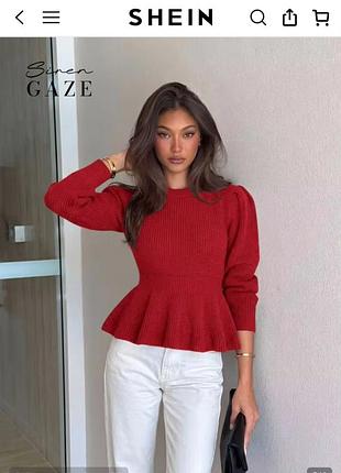 Жіночий червоний в'язаний светр з баскою (peplum) від бренду shein