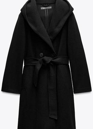 Пальто жіноче zara чорне з капюшоном та поясом