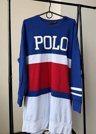Жіночий оверсайз світшот polo ralph lauren синій, червоний, білий з флісом xl
