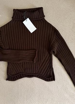 Светр жіночий zara коричневий в рубчик з високим коміром