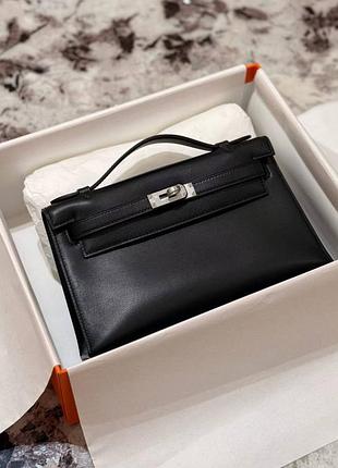 Сумка hermes kelly pochette клатч гладка шкіра срібна фурнітура phw platinum hardware