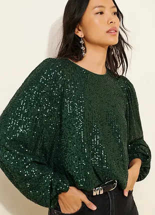 Святкова блуза neo noir iris fall sequins blouse у темному зеленому (смарагдовому) кольорі.