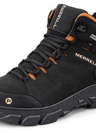 Мужские зимние кожаные ботинки кроссовки merrell gore tex black черные