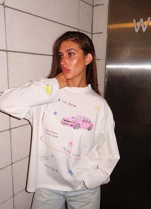 Білий оверсайз лонгслів slaystate unisex "no risk no bmw"