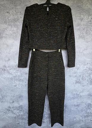 Твідовий костюм 3в1 beloved (xs/s) / чорний меланж / стильний комплект кроп топ + штани з високою талією + пояс твід