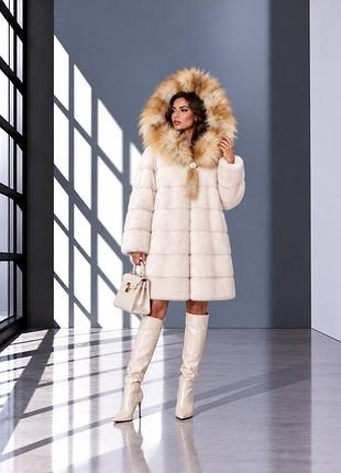 Жіноча шуба з натурального хутра канадської норки pearl ivory з капюшоном. норкова шуба поперечка