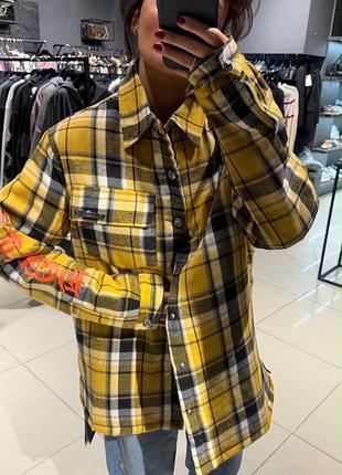 Сорочка chrome hearts oversize утеплена жовто-чорна у клітинку