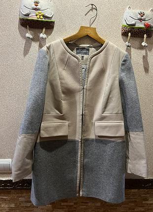 Жіноче шкіряне пальто куртка laura ashley комбіноване сіре бежеве