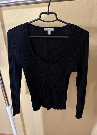 Черный корсетный лонгслив в рубчик h&m (размер m)
