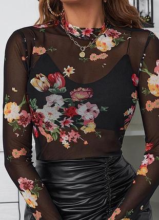 Стильный лонгслив водолазка в сеточку shein, р. m / l, топ в сетку, прозрачный, кофта, полупрозрачный, цветочный принт