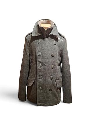Мужское шерстяное пальто-бушлат от британского бренда superdry (линейка navy label), выполненное в темно-сером цвете, размер l