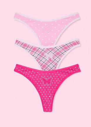 Женские хлопковые трусики-стринги victoria’s secret pink, набор 3 шт.