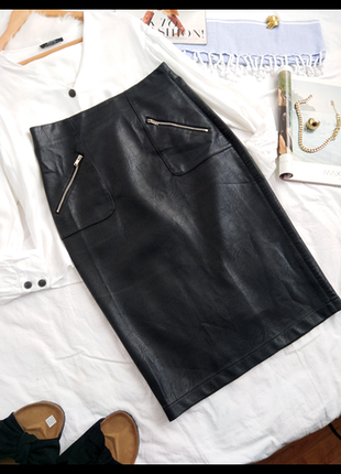 Чорна спідниця з екошкіри зара zara s 36 спідниця олівець, шкіряна спідниця міді, спідниця олівець